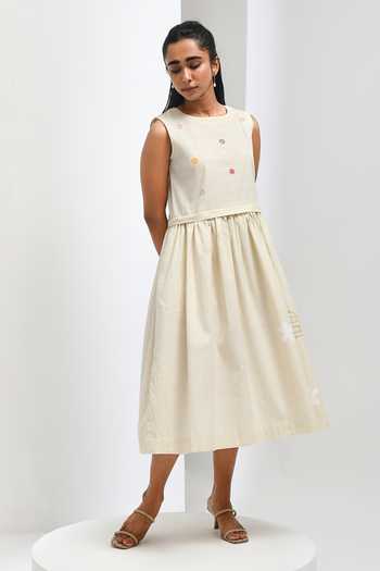Inkpikle Beige Cotton Round Neck Hand Print Dress at Aza Fashions Inkpikle_Beige Cotton Round Neck Hand Print Dress _at_Aza_Fashions