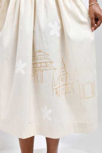 Shop Inkpikle Beige Cotton Round Neck Hand Print Dress Shop_Inkpikle_Beige Cotton Round Neck Hand Print Dress