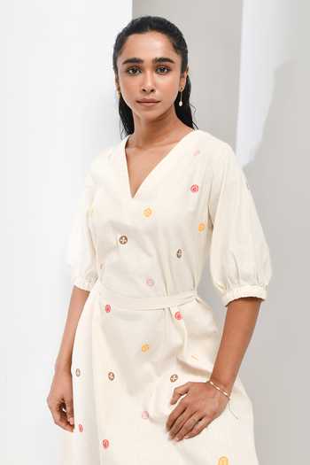 Inkpikle Beige Cotton V-neck Hand Spun Dress Online at Aza Fashions Inkpikle_Beige Cotton V-neck Hand Spun Dress _Online_at_Aza_Fashions
