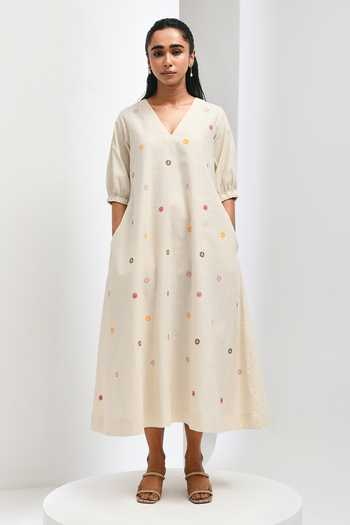 Buy Inkpikle Beige Cotton V-neck Hand Spun Dress Online at Aza Fashions Buy_Inkpikle_Beige Cotton V-neck Hand Spun Dress _Online_at_Aza_Fashions