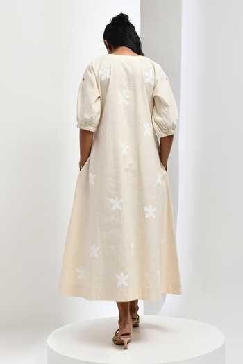 Shop Inkpikle Beige Cotton V-neck Hand Spun Dress Online at Aza Fashions Shop_Inkpikle_Beige Cotton V-neck Hand Spun Dress _Online_at_Aza_Fashions