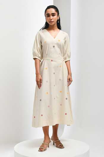 Inkpikle Beige Cotton V-neck Hand Spun Dress at Aza Fashions Inkpikle_Beige Cotton V-neck Hand Spun Dress _at_Aza_Fashions