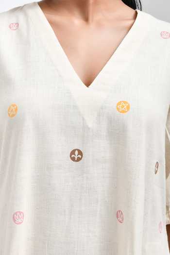 Shop Inkpikle Beige Cotton V-neck Hand Spun Dress Shop_Inkpikle_Beige Cotton V-neck Hand Spun Dress