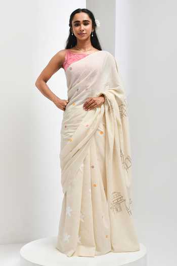 Inkpikle_Beige Cotton Abstract Hand Print Saree _Online_at_Aza_Fashions