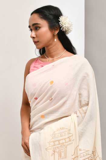 Inkpikle_Beige Cotton Abstract Hand Print Saree _at_Aza_Fashions