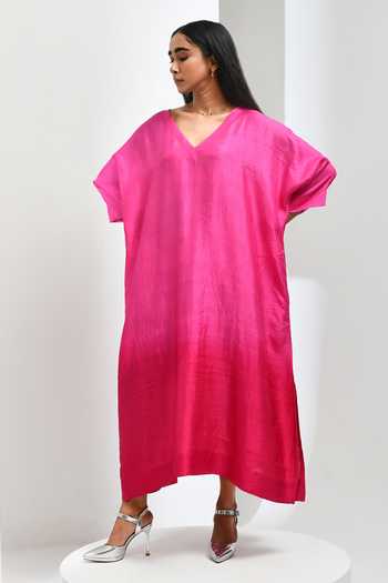 Shop Inkpikle Pink Silk V-neck Hand Spun Mulberry Kaftan Online at Aza Fashions Shop_Inkpikle_Pink Silk V-neck Hand Spun Mulberry Kaftan _Online_at_Aza_Fashions