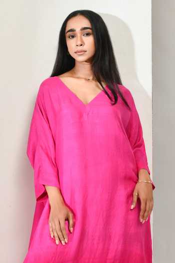 Shop Inkpikle Pink Silk V-neck Hand Spun Mulberry Kaftan Shop_Inkpikle_Pink Silk V-neck Hand Spun Mulberry Kaftan