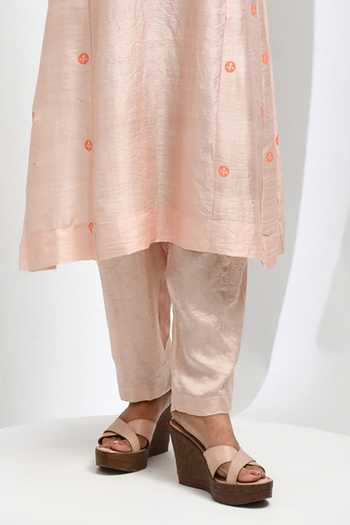 Inkpikle_Peach Silk V-neck Hand Print Kurta With Pant _Online_at_Aza_Fashions