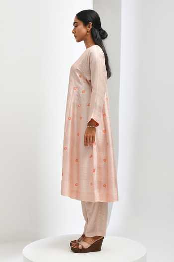 Shop_Inkpikle_Peach Silk V-neck Hand Print Kurta With Pant _Online_at_Aza_Fashions