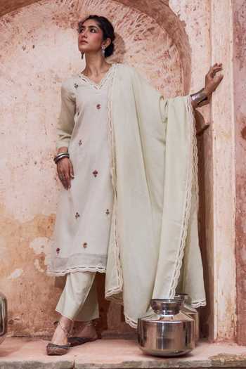 Karaj Jaipur Floral Embroidered Straight Kurta Set