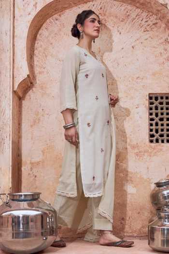 Buy Karaj Jaipur Beige Kota Doria, Muslin, Cotton V-neck, Floral Embroidered Straight Kurta Set Online at Aza Fashions Buy_Karaj Jaipur_Beige Kota Doria, Muslin, Cotton V-neck, Floral Embroidered Straight Kurta Set _Online_at_Aza_Fashions
