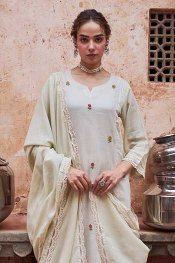Karaj Jaipur Beige Kota Doria, Cotton Round Neck, Scattered Embroidered Straight Kurta Set Online at Aza Fashions Karaj Jaipur_Beige Kota Doria, Cotton Round Neck, Scattered Embroidered Straight Kurta Set _Online_at_Aza_Fashions