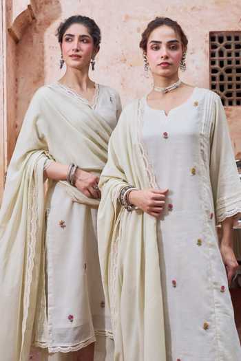 Buy Karaj Jaipur Beige Kota Doria, Cotton Round Neck, Scattered Embroidered Straight Kurta Set Online at Aza Fashions Buy_Karaj Jaipur_Beige Kota Doria, Cotton Round Neck, Scattered Embroidered Straight Kurta Set _Online_at_Aza_Fashions