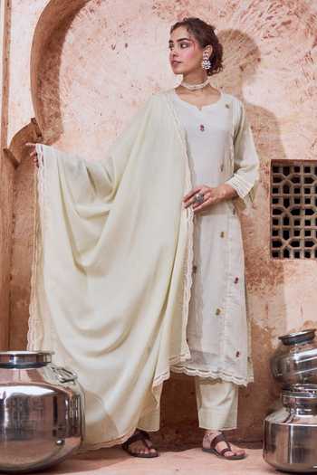 Shop Karaj Jaipur Beige Kota Doria, Cotton Round Neck, Scattered Embroidered Straight Kurta Set Online at Aza Fashions Shop_Karaj Jaipur_Beige Kota Doria, Cotton Round Neck, Scattered Embroidered Straight Kurta Set _Online_at_Aza_Fashions