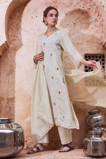 Buy Karaj Jaipur Beige Kota Doria, Cotton Round Neck, Scattered Embroidered Straight Kurta Set Buy_Karaj Jaipur_Beige Kota Doria, Cotton Round Neck, Scattered Embroidered Straight Kurta Set