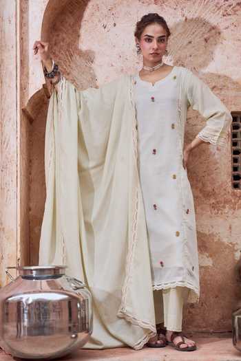 Shop Karaj Jaipur Beige Kota Doria, Cotton Round Neck, Scattered Embroidered Straight Kurta Set Shop_Karaj Jaipur_Beige Kota Doria, Cotton Round Neck, Scattered Embroidered Straight Kurta Set
