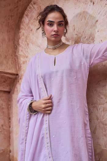 Karaj Jaipur Lilac Kota Doria, Cotton Keyhole Neck Bead Work Kurta Set Online at Aza Fashions Karaj Jaipur_Lilac Kota Doria, Cotton Keyhole Neck Bead Work Kurta Set _Online_at_Aza_Fashions