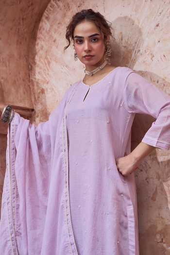 Buy Karaj Jaipur Lilac Kota Doria, Cotton Keyhole Neck Bead Work Kurta Set Online at Aza Fashions Buy_Karaj Jaipur_Lilac Kota Doria, Cotton Keyhole Neck Bead Work Kurta Set _Online_at_Aza_Fashions