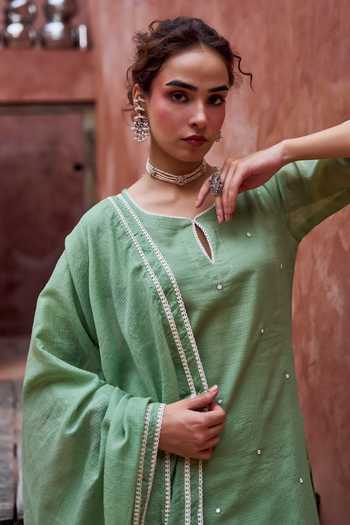 Shop Karaj Jaipur Green Muslin, Kota Doria, Cotton Keyhole Neck Embroidered Straight Kurta Set Online at Aza Fashions Shop_Karaj Jaipur_Green Muslin, Kota Doria, Cotton Keyhole Neck Embroidered Straight Kurta Set _Online_at_Aza_Fashions
