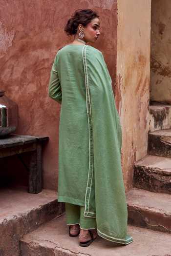 Karaj Jaipur Green Embroidered Straight Kurta Set 
