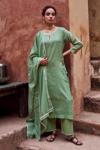 Karaj Jaipur Green Embroidered Straight Kurta Set 