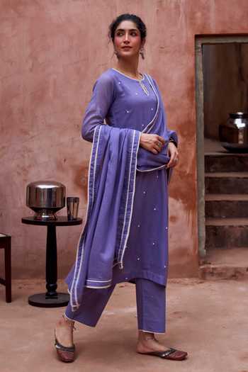 Karaj Jaipur Violet Bead Work Straight Kurta Set