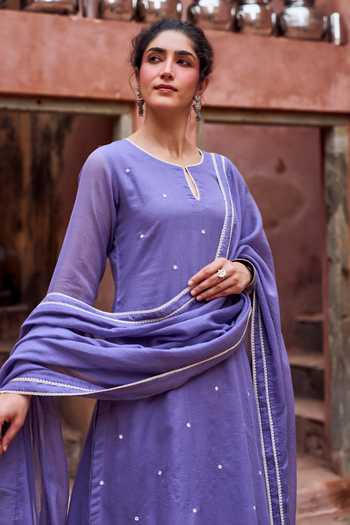 Karaj Jaipur Purple Kota Doria, Cotton Round Neck, Violet Bead Work Straight Kurta Set Online at Aza Fashions Karaj Jaipur_Purple Kota Doria, Cotton Round Neck, Violet Bead Work Straight Kurta Set _Online_at_Aza_Fashions