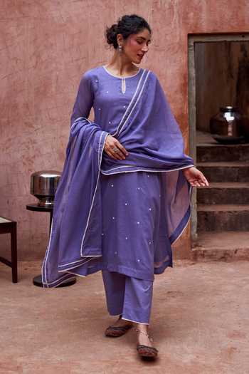 Buy Karaj Jaipur Purple Kota Doria, Cotton Round Neck, Violet Bead Work Straight Kurta Set Online at Aza Fashions Buy_Karaj Jaipur_Purple Kota Doria, Cotton Round Neck, Violet Bead Work Straight Kurta Set _Online_at_Aza_Fashions