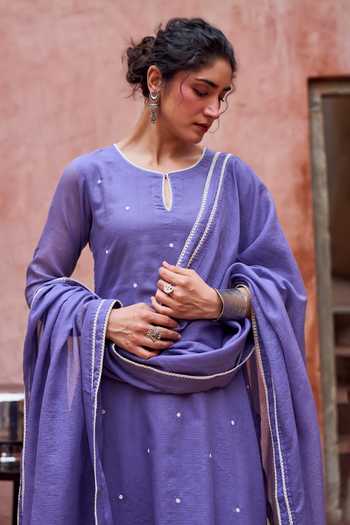 Shop Karaj Jaipur Purple Kota Doria, Cotton Round Neck, Violet Bead Work Straight Kurta Set Online at Aza Fashions Shop_Karaj Jaipur_Purple Kota Doria, Cotton Round Neck, Violet Bead Work Straight Kurta Set _Online_at_Aza_Fashions
