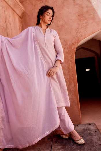 Shop Karaj Jaipur Lilac Cotton, Muslin (mulmul), Kota Doria Split V-neck Scattered Motif Kurta Set Online at Aza Fashions Shop_Karaj Jaipur_Lilac Cotton, Muslin (mulmul), Kota Doria Split V-neck Scattered Motif Kurta Set _Online_at_Aza_Fashions