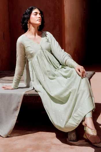 Buy Karaj Jaipur Green Cotton, Muslin (mulmul), Kota Doria V-neck Mul Pista Anarkali Suit Set Online at Aza Fashions Buy_Karaj Jaipur_Green Cotton, Muslin (mulmul), Kota Doria V-neck Mul Pista Anarkali Suit Set _Online_at_Aza_Fashions