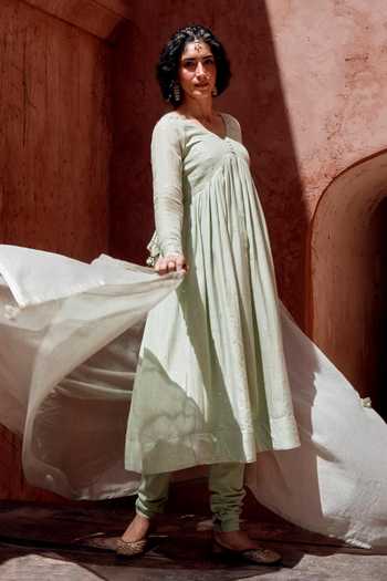 Shop Karaj Jaipur Green Cotton, Muslin (mulmul), Kota Doria V-neck Mul Pista Anarkali Suit Set Online at Aza Fashions Shop_Karaj Jaipur_Green Cotton, Muslin (mulmul), Kota Doria V-neck Mul Pista Anarkali Suit Set _Online_at_Aza_Fashions