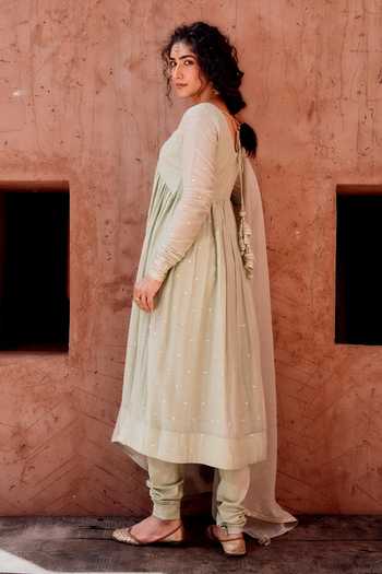 Karaj Jaipur Mul Cotton Pista Green Anarkali Suit Set