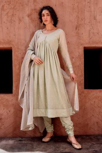 Karaj Jaipur Mul Cotton Pista Green Anarkali Suit Set