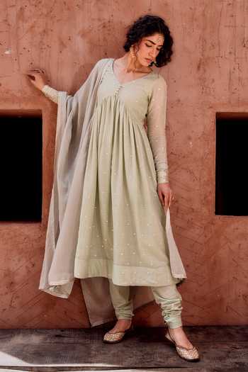 Buy Karaj Jaipur Green Cotton, Muslin (mulmul), Kota Doria V-neck Mul Pista Anarkali Suit Set Buy_Karaj Jaipur_Green Cotton, Muslin (mulmul), Kota Doria V-neck Mul Pista Anarkali Suit Set
