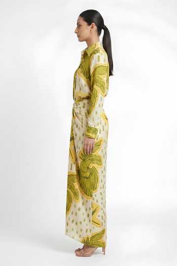 Poppi_Multi Color Silk, Bemberg Collared Neck Abstract Printed Shirt With Skirt _Online_at_Aza_Fashions