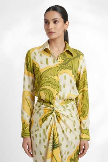 Shop_Poppi_Multi Color Silk, Bemberg Collared Neck Abstract Printed Shirt With Skirt _Online_at_Aza_Fashions