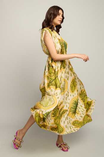 Poppi_Multi Color Silk, Bemberg Boat Neck Abstract Print Maxi Dress _Online_at_Aza_Fashions