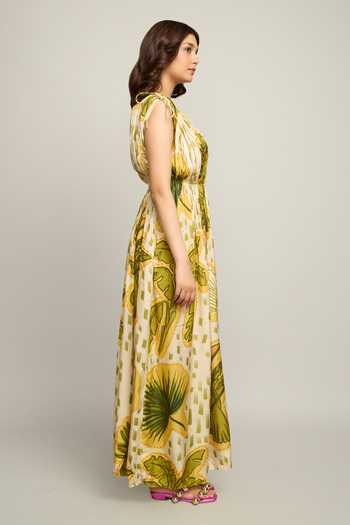 Buy_Poppi_Multi Color Silk, Bemberg Boat Neck Abstract Print Maxi Dress _Online_at_Aza_Fashions