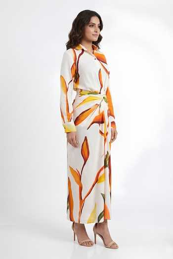 Poppi White Silk, Bemberg Collared Neck Abstract Print Shirt With Skirt Online at Aza Fashions Poppi_White Silk, Bemberg Collared Neck Abstract Print Shirt With Skirt _Online_at_Aza_Fashions