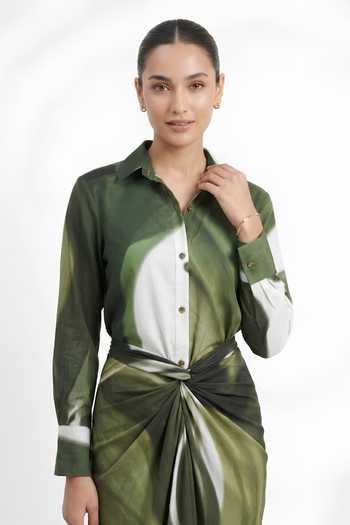 Poppi Green Silk, Bemberg Collared Neck Abstract Print Shirt With Skirt Online at Aza Fashions Poppi_Green Silk, Bemberg Collared Neck Abstract Print Shirt With Skirt _Online_at_Aza_Fashions