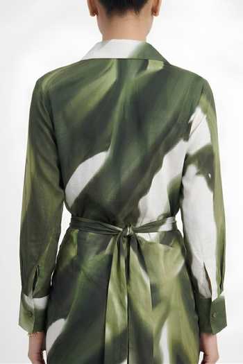 Buy Poppi Green Silk, Bemberg Collared Neck Abstract Print Shirt With Skirt Online at Aza Fashions Buy_Poppi_Green Silk, Bemberg Collared Neck Abstract Print Shirt With Skirt _Online_at_Aza_Fashions