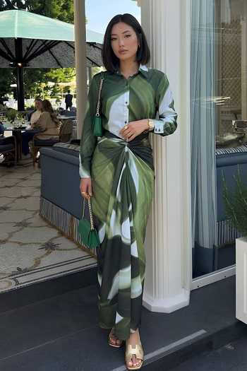 Poppi Abstract Printed 100% Bemberg Silk Shirt & Skirt Set 