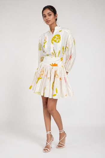 Poppi_White Cotton Mandarin Collar Abstract Print Shirt And Skirt Set _Online_at_Aza_Fashions
