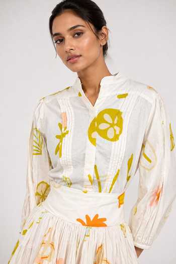 Buy_Poppi_White Cotton Mandarin Collar Abstract Print Shirt And Skirt Set _Online_at_Aza_Fashions