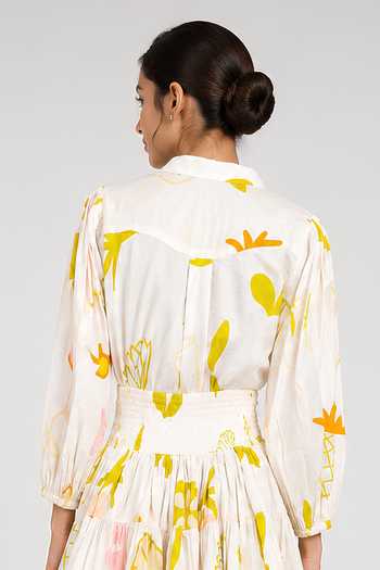 Poppi_White Cotton Mandarin Collar Abstract Print Shirt And Skirt Set _at_Aza_Fashions