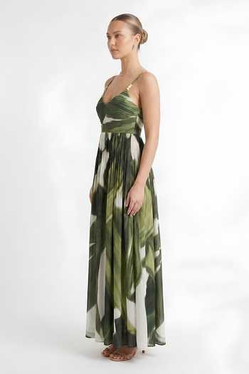 Poppi_Green Silk, Bemberg V-neck Abstract Print Maxi Dress _Online_at_Aza_Fashions