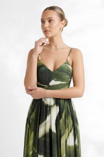 Buy_Poppi_Green Silk, Bemberg V-neck Abstract Print Maxi Dress _Online_at_Aza_Fashions