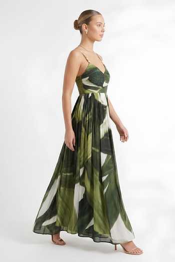Shop_Poppi_Green Silk, Bemberg V-neck Abstract Print Maxi Dress _Online_at_Aza_Fashions