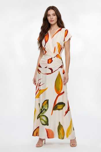 Poppi White Silk, Bemberg V-neck Botanical Print Dress Online at Aza Fashions Poppi_White Silk, Bemberg V-neck Botanical Print Dress _Online_at_Aza_Fashions